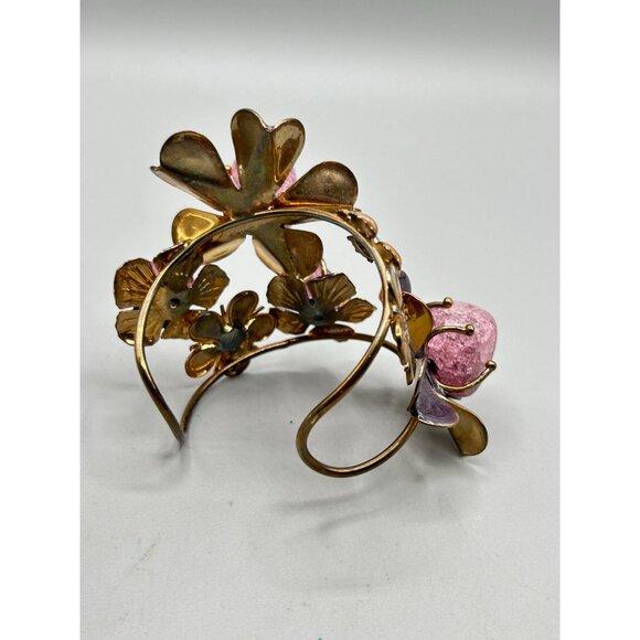 Floral Cuff Bracelet Crackled Glass Rhinestones & Enamels Statement Bracelet - Picture 3 of 12